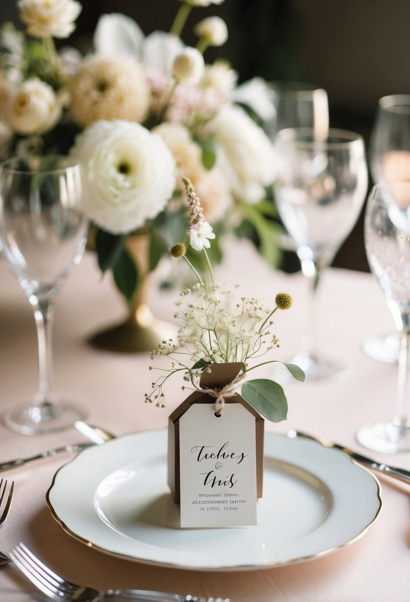 A table adorned with personalized wedding favor tags, surrounded by delicate flowers and elegant decor