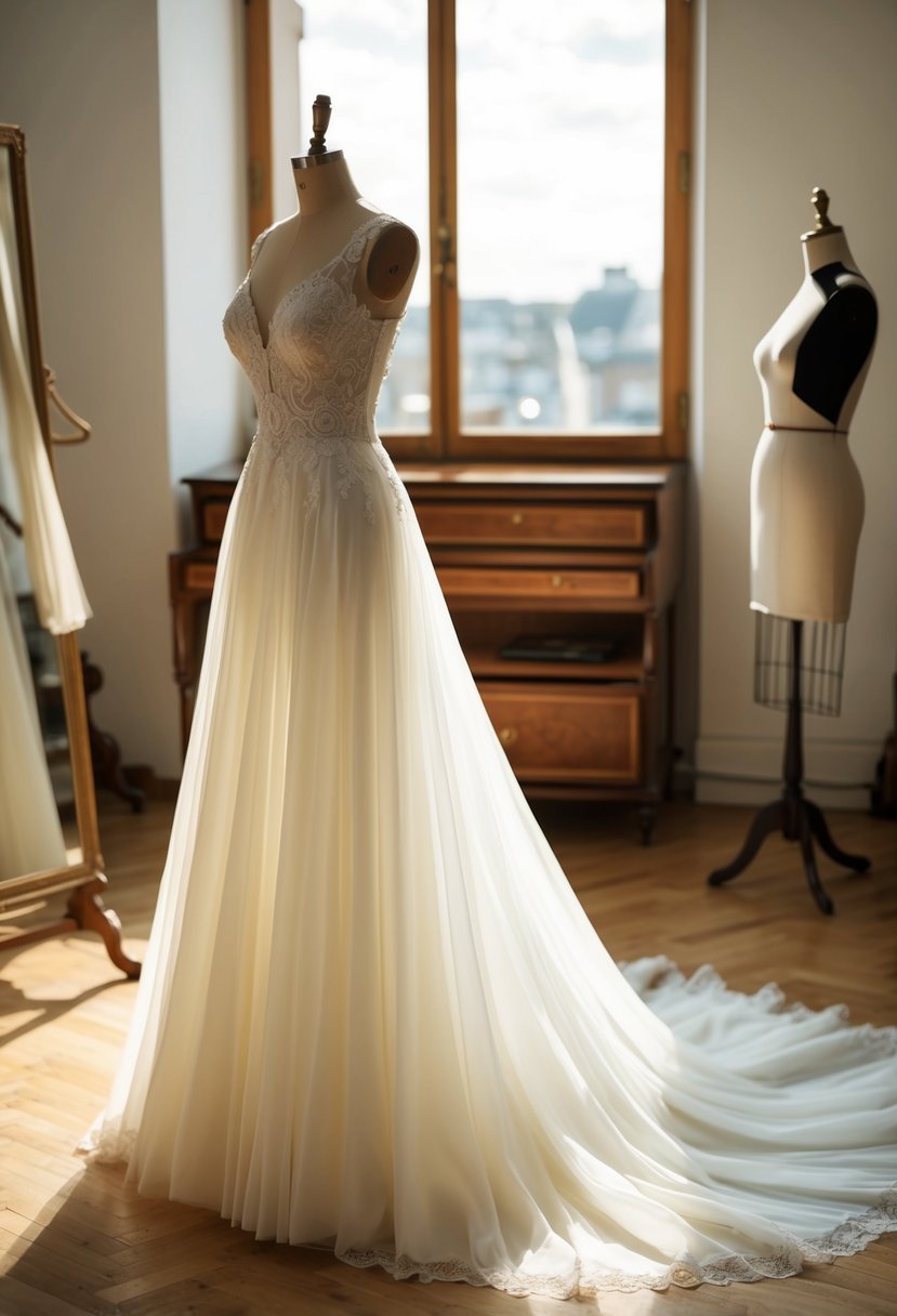 A flowing bridal gown on a vintage mannequin in a sunlit atelier