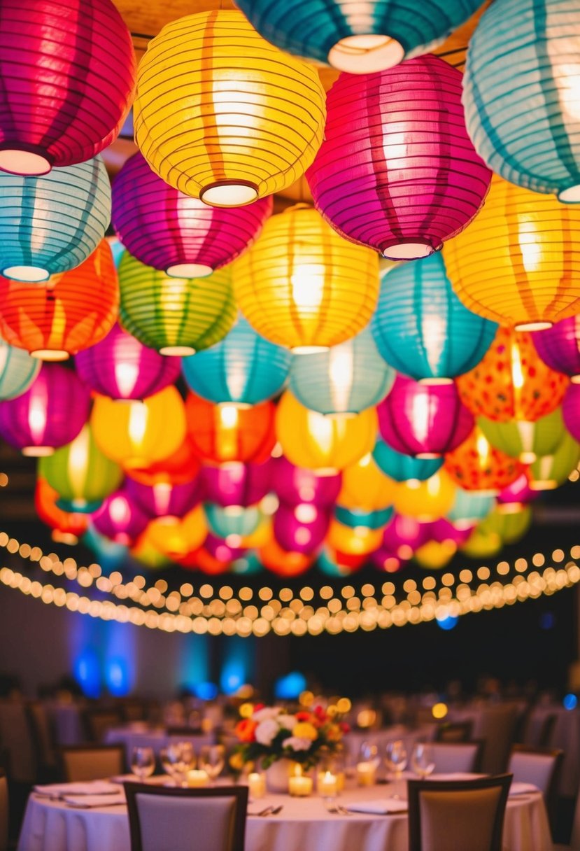 Colorful paper lanterns hang above a wedding table, casting a warm and whimsical glow. Delicate patterns and vibrant hues create a lighthearted and festive atmosphere