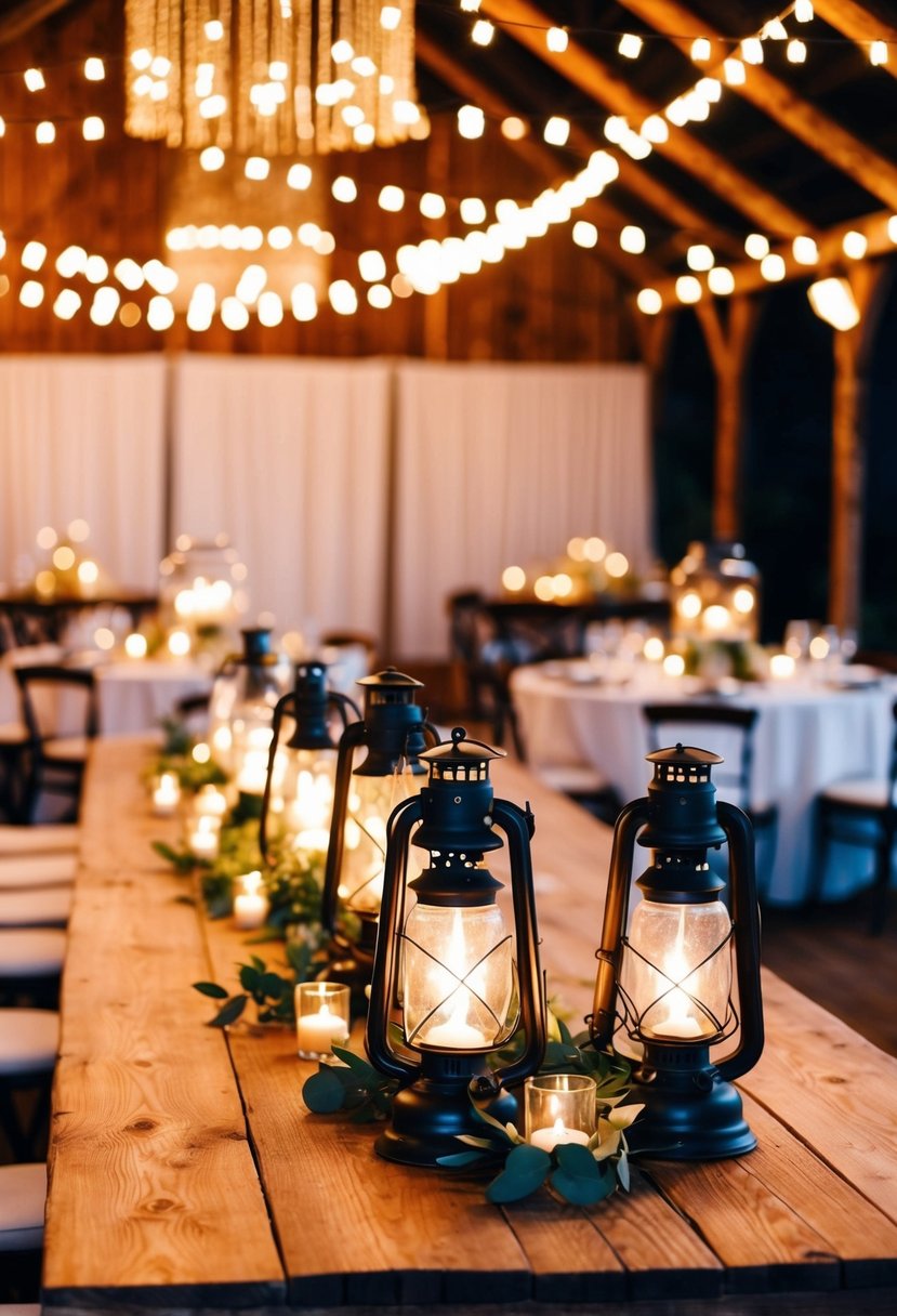 A rustic wooden table adorned with vintage lantern centerpieces, casting a warm glow over the wedding reception