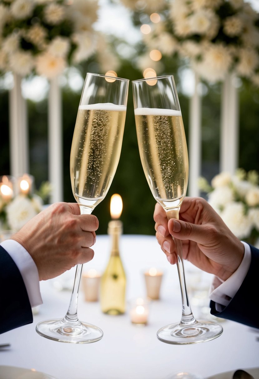 A pair of champagne flutes clink together in a celebratory toast, surrounded by elegant wedding decor