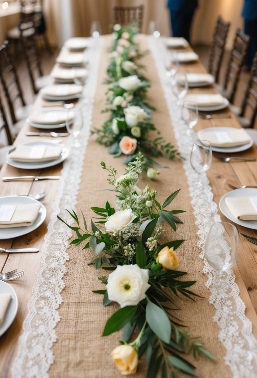 A rustic burlap table runner adorned with delicate lace and scattered with fresh flowers, set on a charming wedding reception table