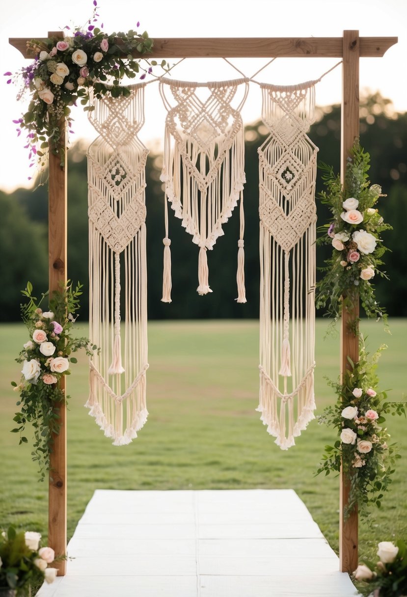 A bohemian wedding backdrop with intricate macrame designs hanging from a wooden arch, adorned with fresh flowers and greenery