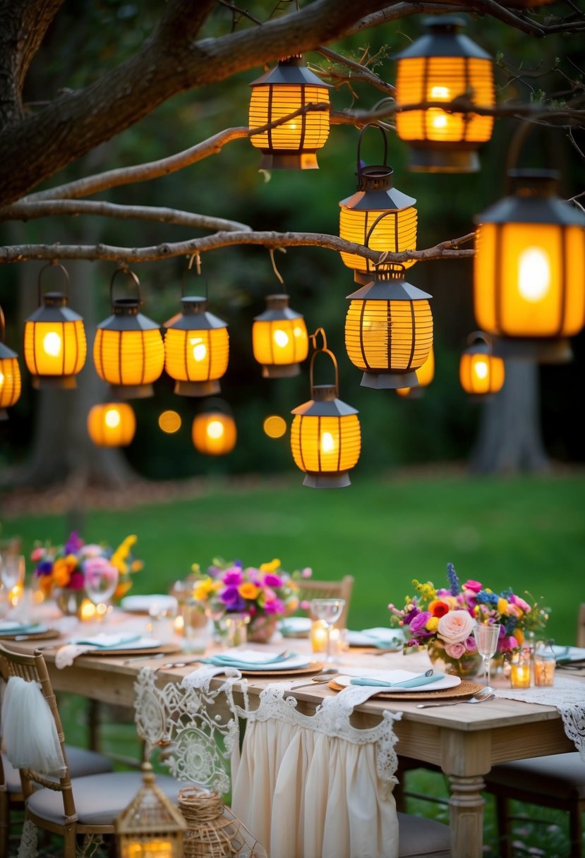 Mini-lanterns hang from tree branches, casting a warm glow over a whimsical wedding table set with colorful flowers and delicate lace