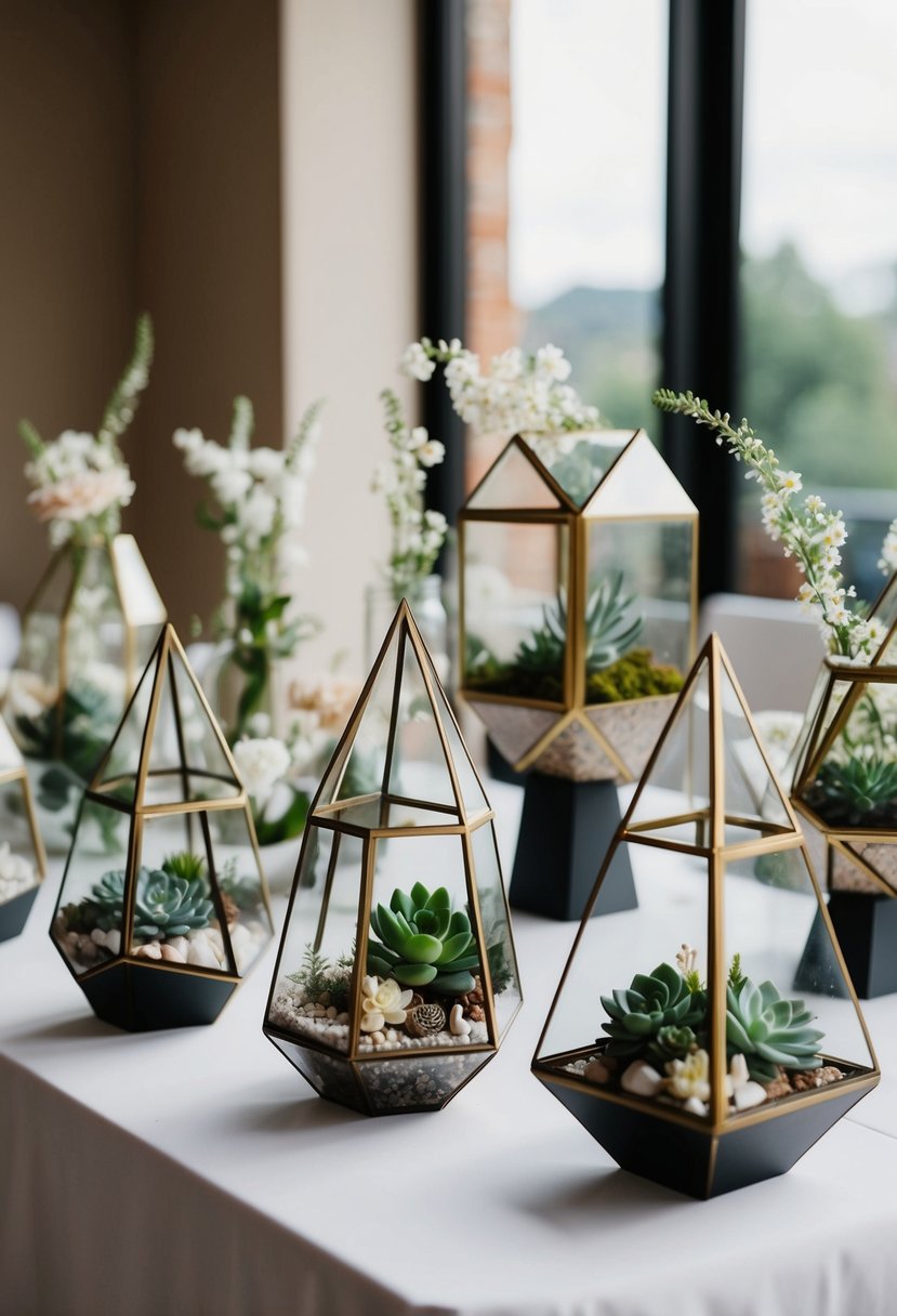 A collection of geometric terrariums arranged on a table, filled with succulents and delicate flowers, creating an elegant and modern wedding decor display