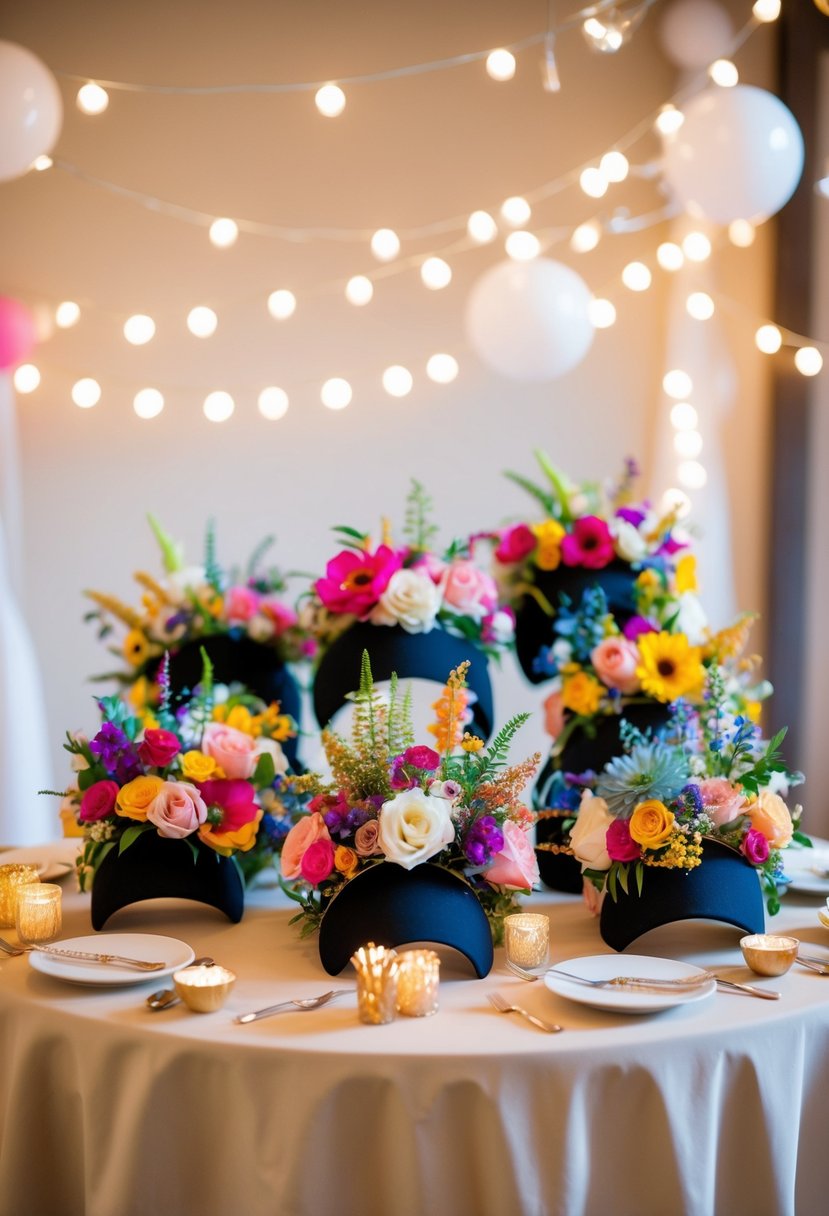 Colorful floral headpieces arranged on a table, surrounded by whimsical decorations and soft lighting for a lighthearted wedding atmosphere