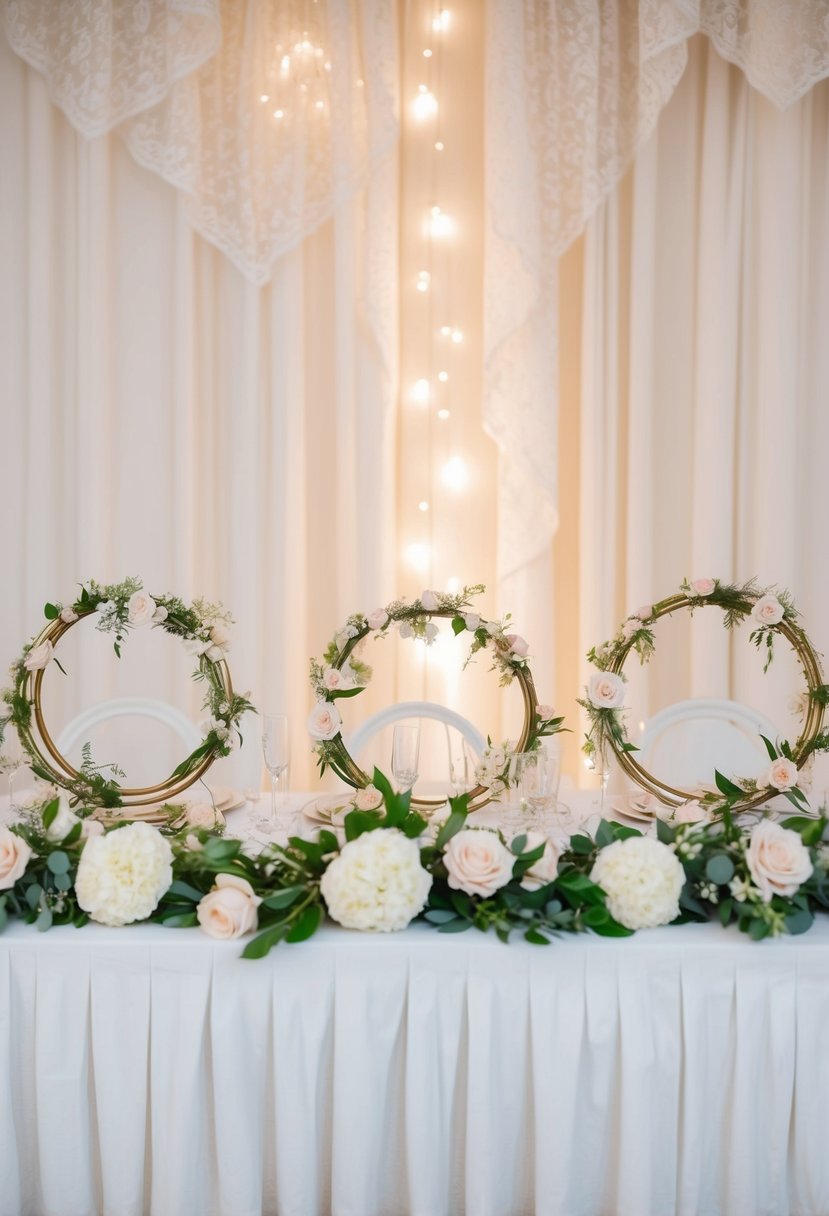 A table adorned with elegant floral hoops, set against a backdrop of soft, romantic lighting and delicate lace accents