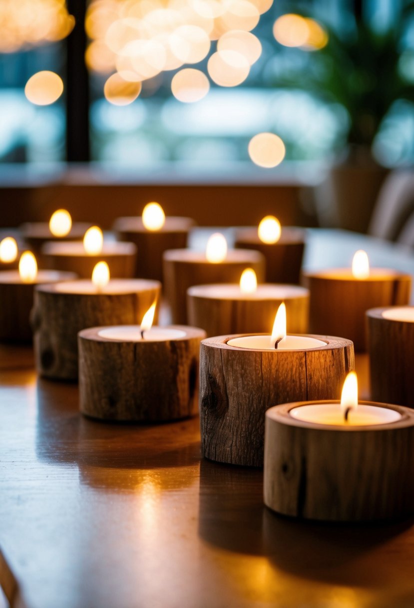 Rustic wooden tea light holders arranged on a table with soft candlelight