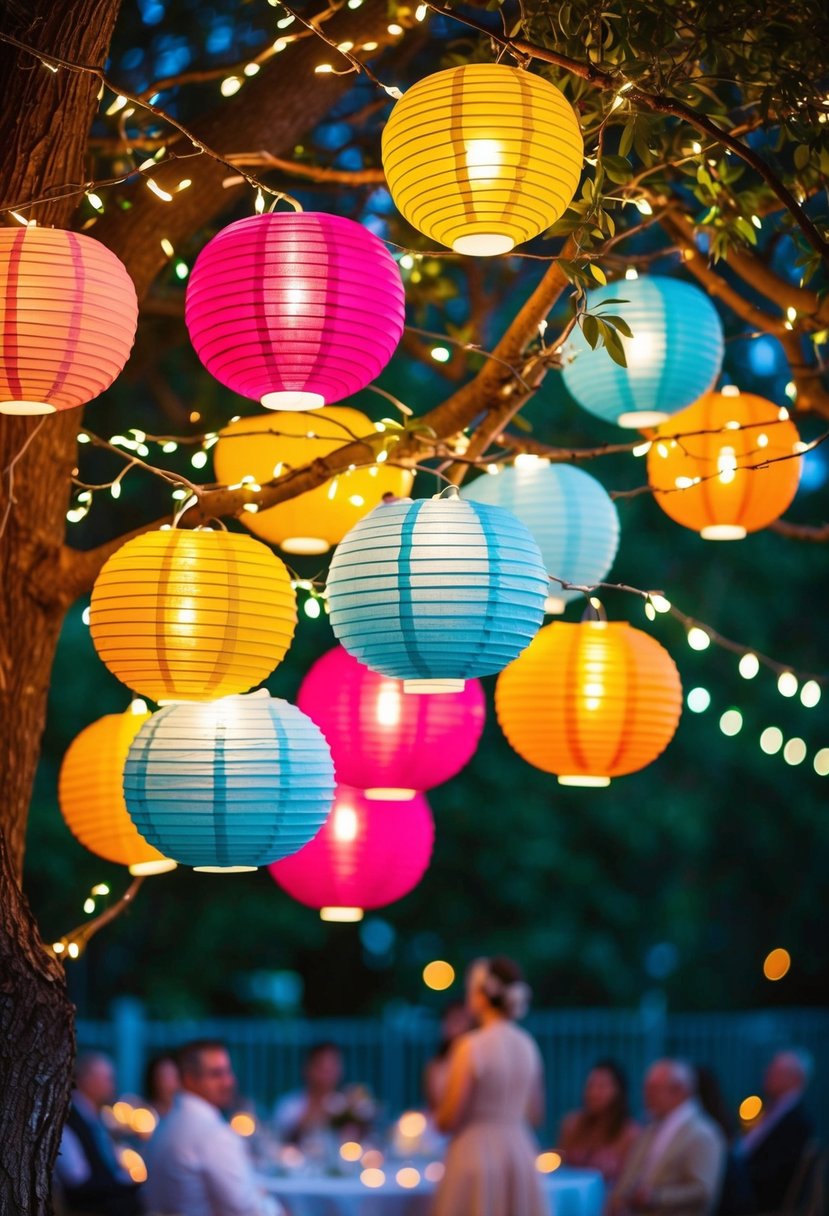 Colorful paper lanterns hang from tree branches, casting a warm glow over the outdoor wedding reception. Sparkling fairy lights twinkle among the lanterns, creating a whimsical and enchanting atmosphere