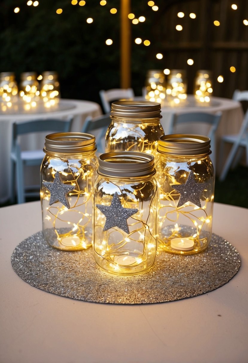 A cluster of mason jar lanterns, filled with fairy lights and surrounded by silver glittered stars, sits atop each table, casting a soft, ethereal glow