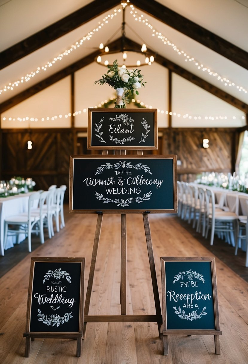 A rustic wedding venue with elegant chalkboard signs decorating the entrance and reception area