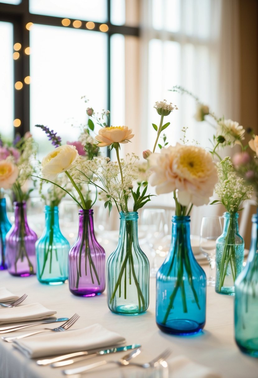 Colorful glass bud vases arranged on a wedding table, filled with delicate flowers and bathed in soft, enchanting light