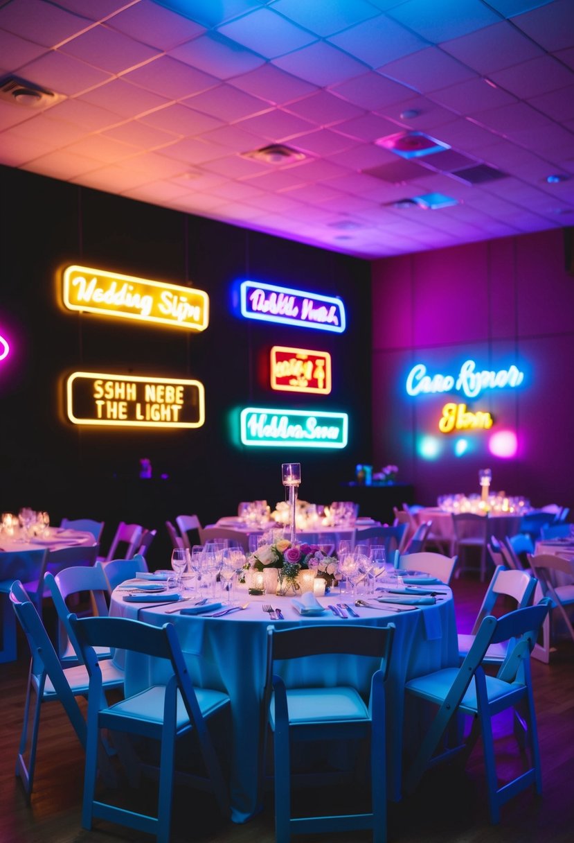 A dimly lit wedding reception with colorful neon signs adorning the walls, casting a vibrant glow over the room