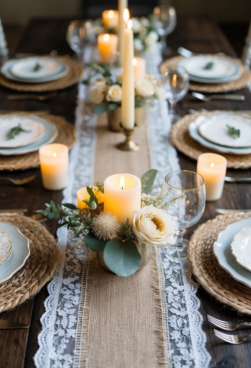 A rustic table setting with burlap and lace accents, adorned with delicate florals and soft candlelight