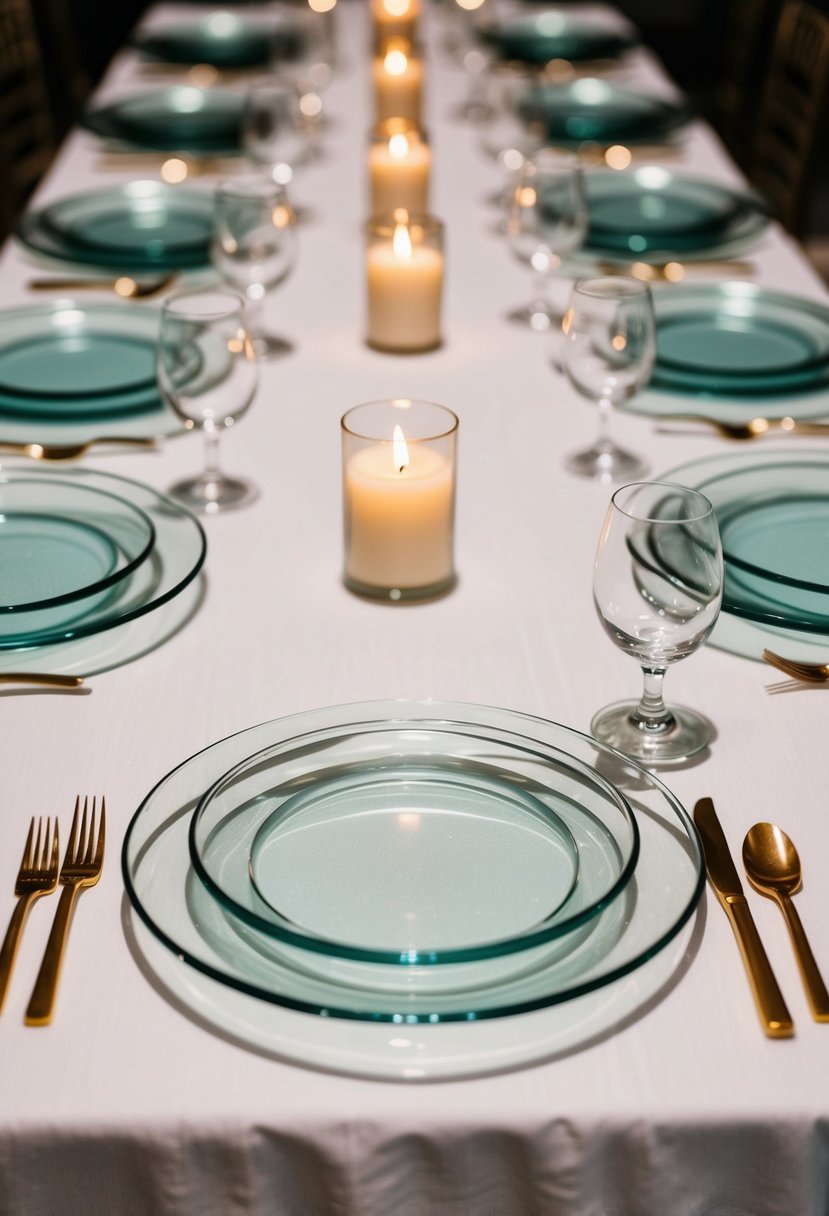 Elegant glass charger plates arranged in a symmetrical pattern on a white linen tablecloth, with soft candlelight reflecting off their delicate edges