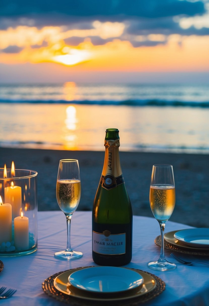 A serene beach with a sunset, a table set for two with candles, and a bottle of champagne on ice