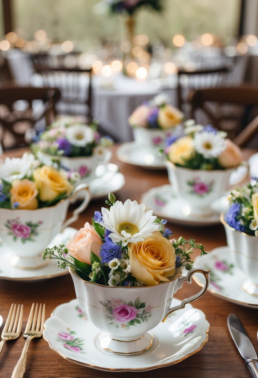 A collection of vintage teacups filled with flowers and arranged in a whimsical manner on a wedding reception table