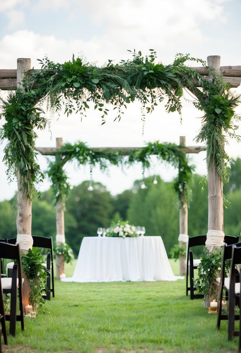 Lush greenery garlands draped over rustic wooden beams in a romantic outdoor wedding setting