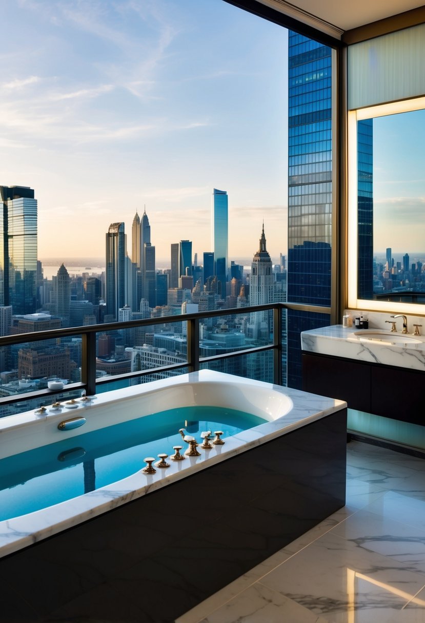 A lavish suite at The Four Seasons Hotel, complete with a king-sized bed, a private balcony overlooking the city skyline, and a luxurious marble bathroom with a deep soaking tub