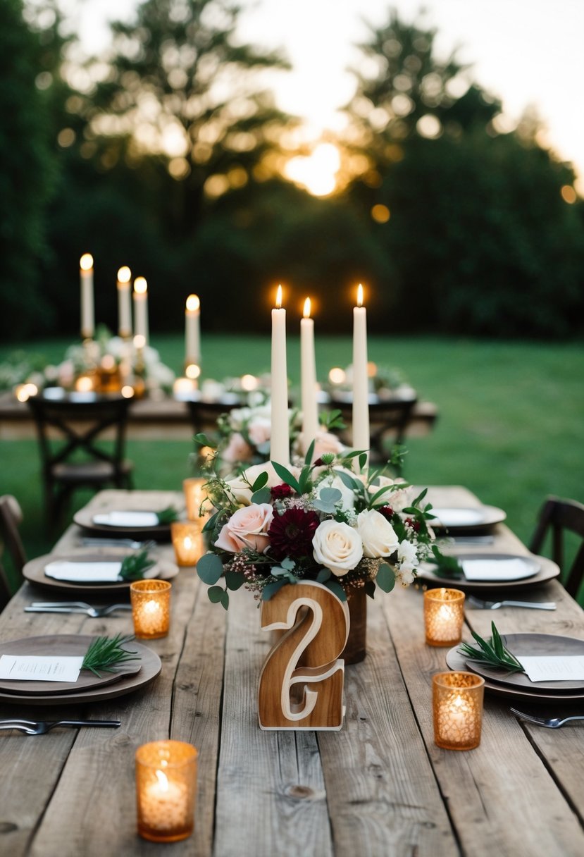 A rustic wooden table with handcrafted numbers, adorned with floral centerpieces and candlelight