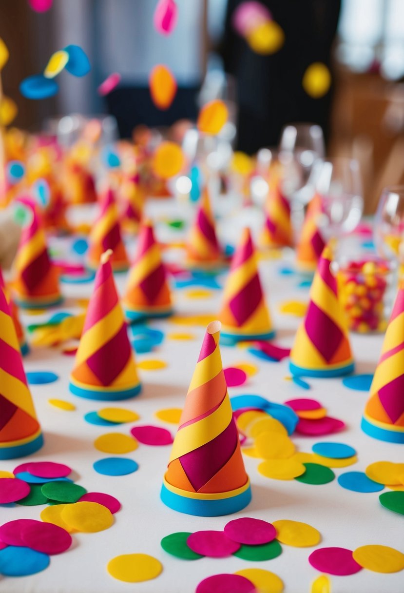 Vibrant confetti cones scattered on a festive wedding table