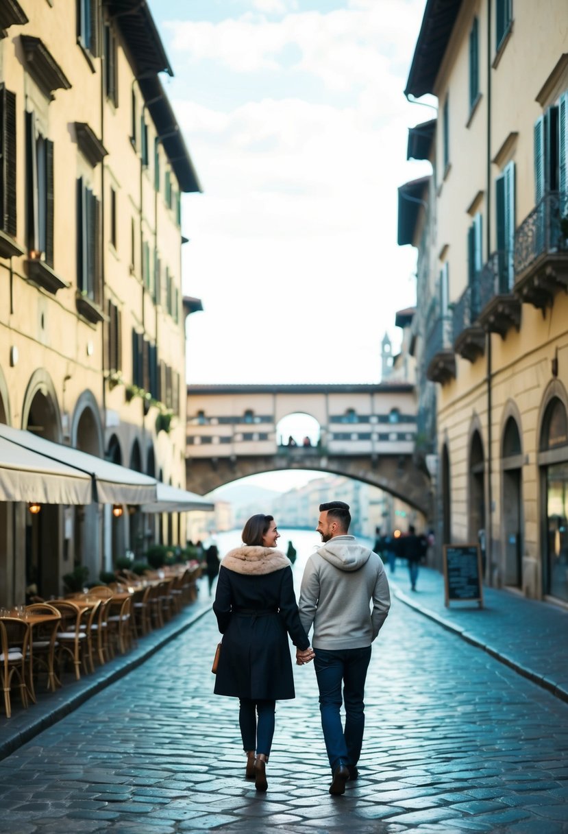 A couple strolling along the cobblestone streets of Florence, passing by historic buildings and charming cafes, with the iconic Ponte Vecchio bridge in the background