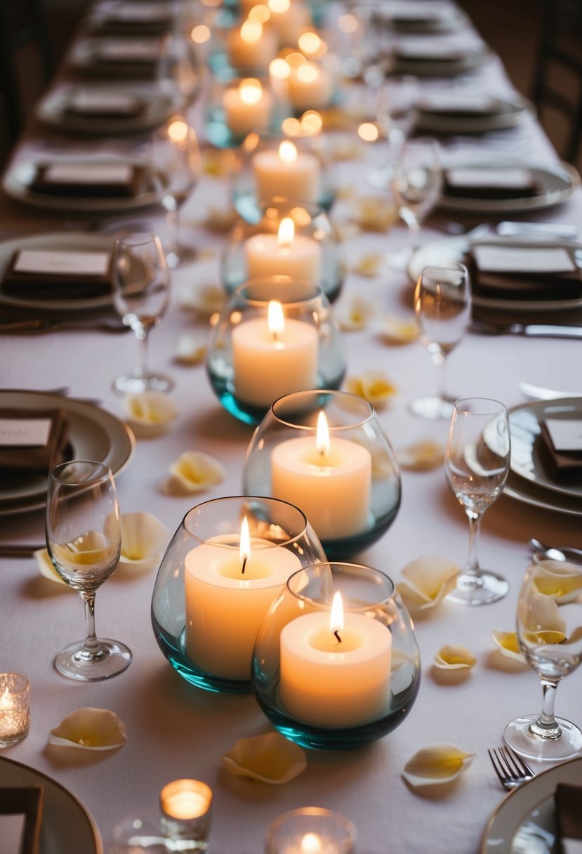 A table set with elegant floating candle centerpieces in glass bowls, surrounded by delicate flower petals and twinkling fairy lights