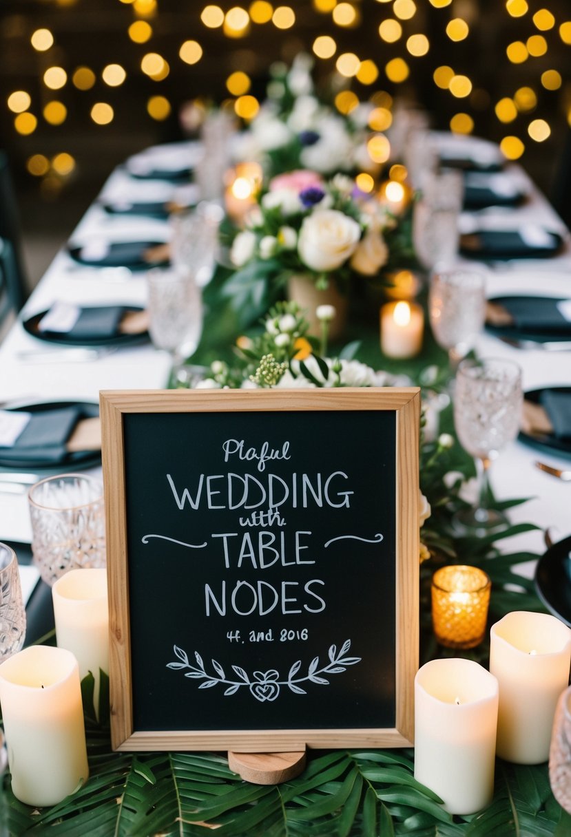 A chalkboard sign with playful wedding table decorations surrounded by flowers and candles