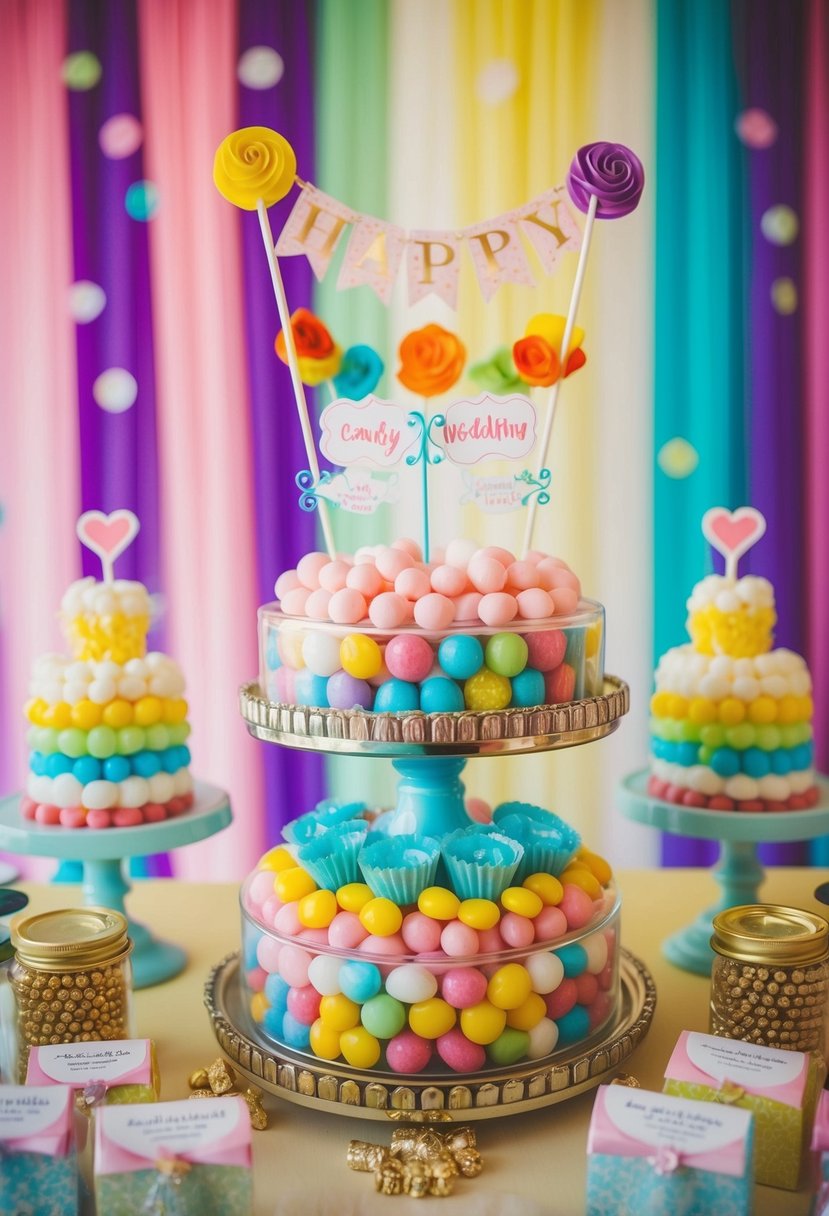 A colorful candy bar display with whimsical wedding-themed decorations and playful accents