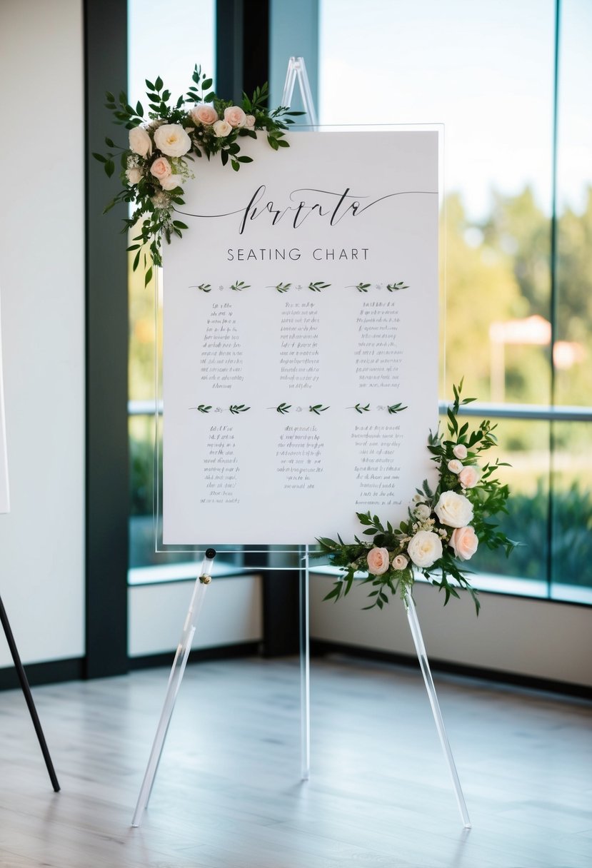 A sleek, minimalist acrylic seating chart displayed on a modern easel with elegant calligraphy and floral accents