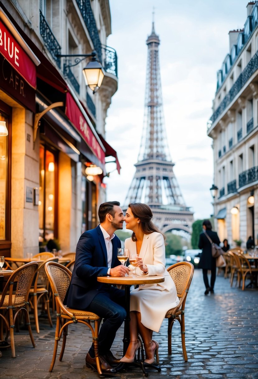 A couple sits at a quaint Parisian cafe, surrounded by cobblestone streets and charming architecture. The Eiffel Tower looms in the background as they share a romantic moment