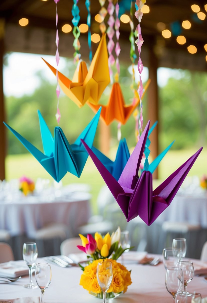 Colorful origami cranes hang above a wedding table, adding a festive and lighthearted touch to the decor