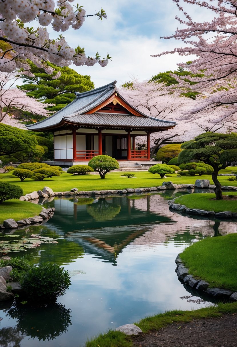 A serene garden with a traditional Japanese teahouse, surrounded by cherry blossom trees and a tranquil pond