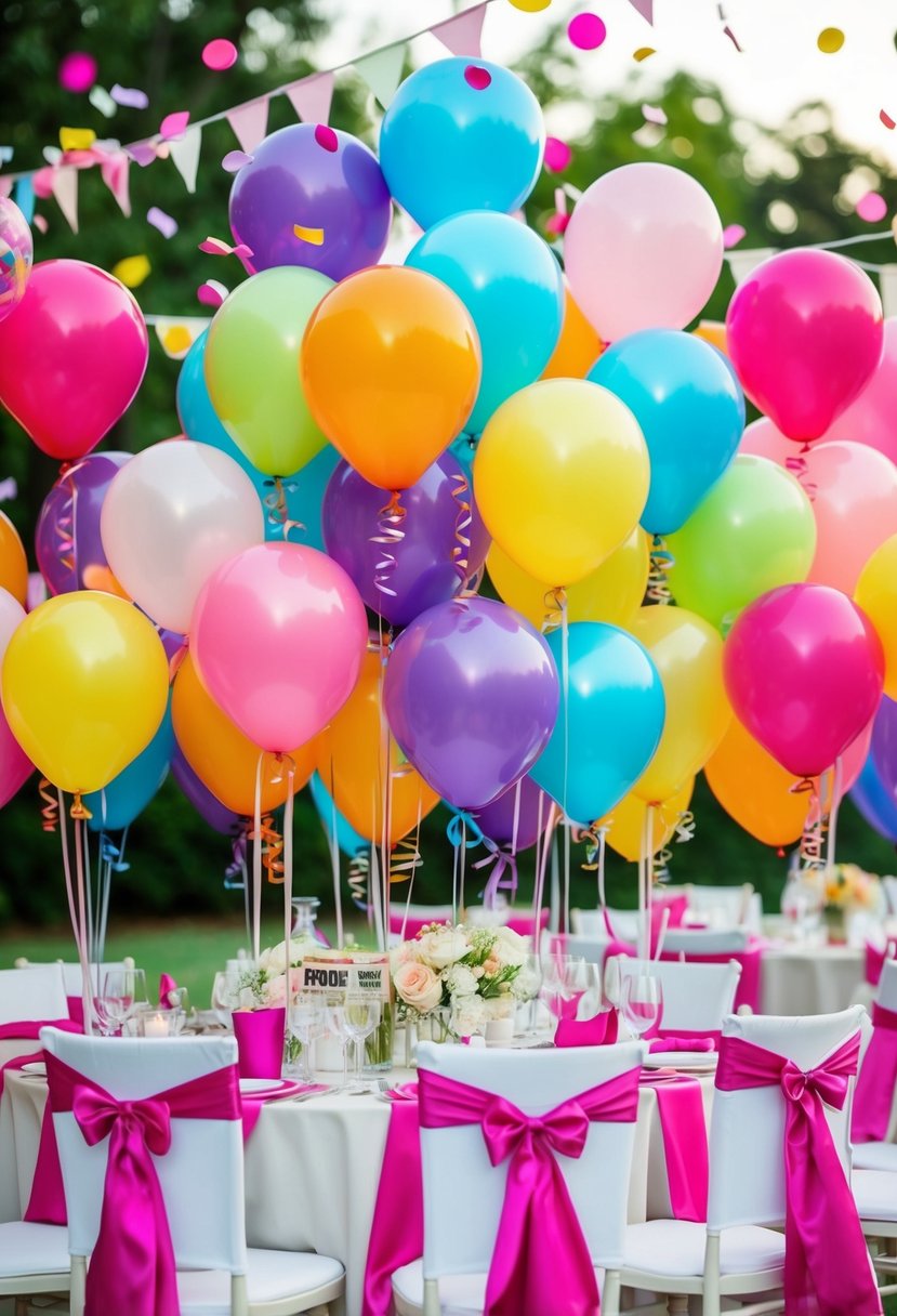 Colorful balloons arranged on wedding tables with ribbons and confetti, creating a festive and lighthearted atmosphere