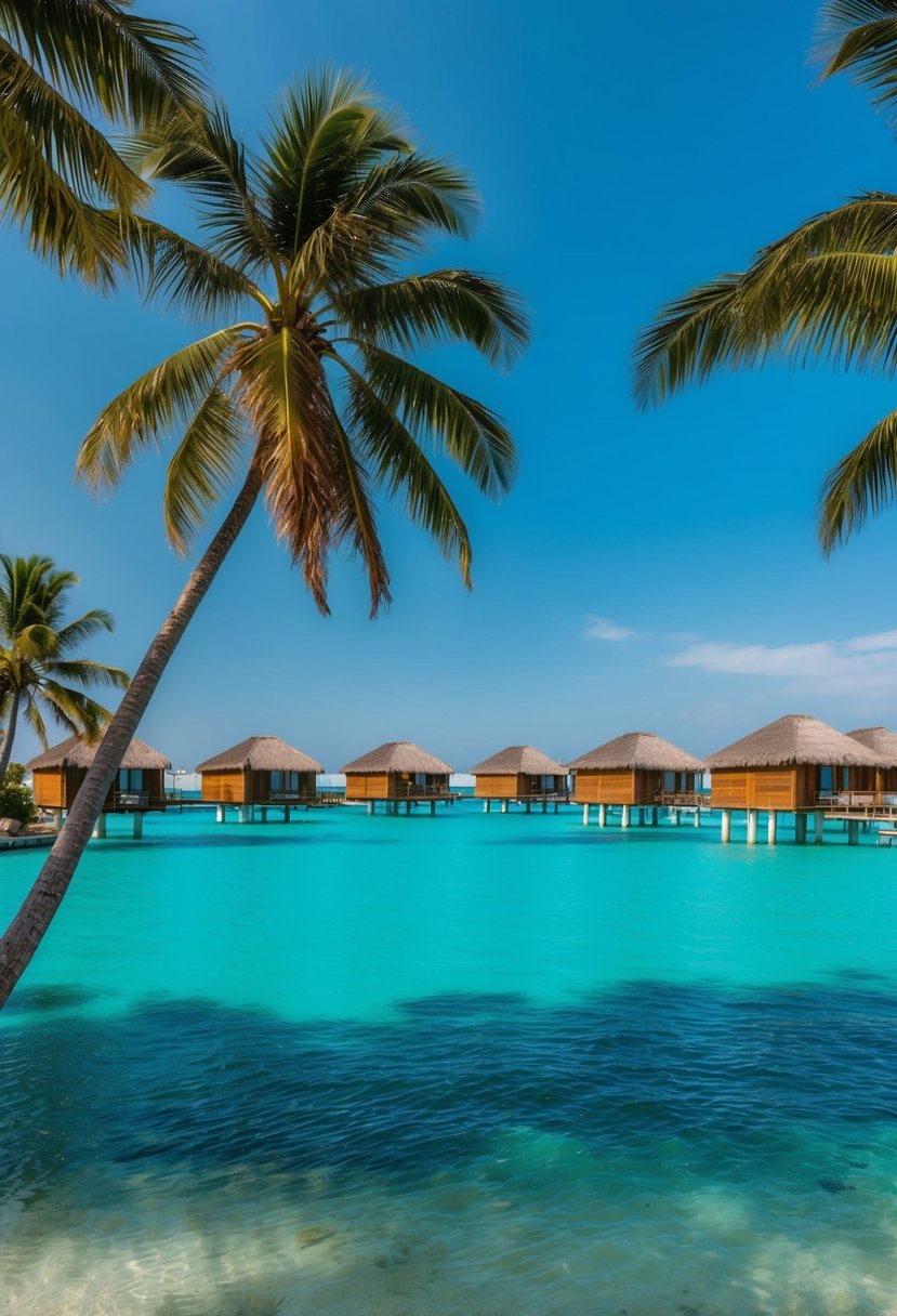 A tranquil, turquoise lagoon surrounded by lush, green palm trees and overwater bungalows under a clear blue sky