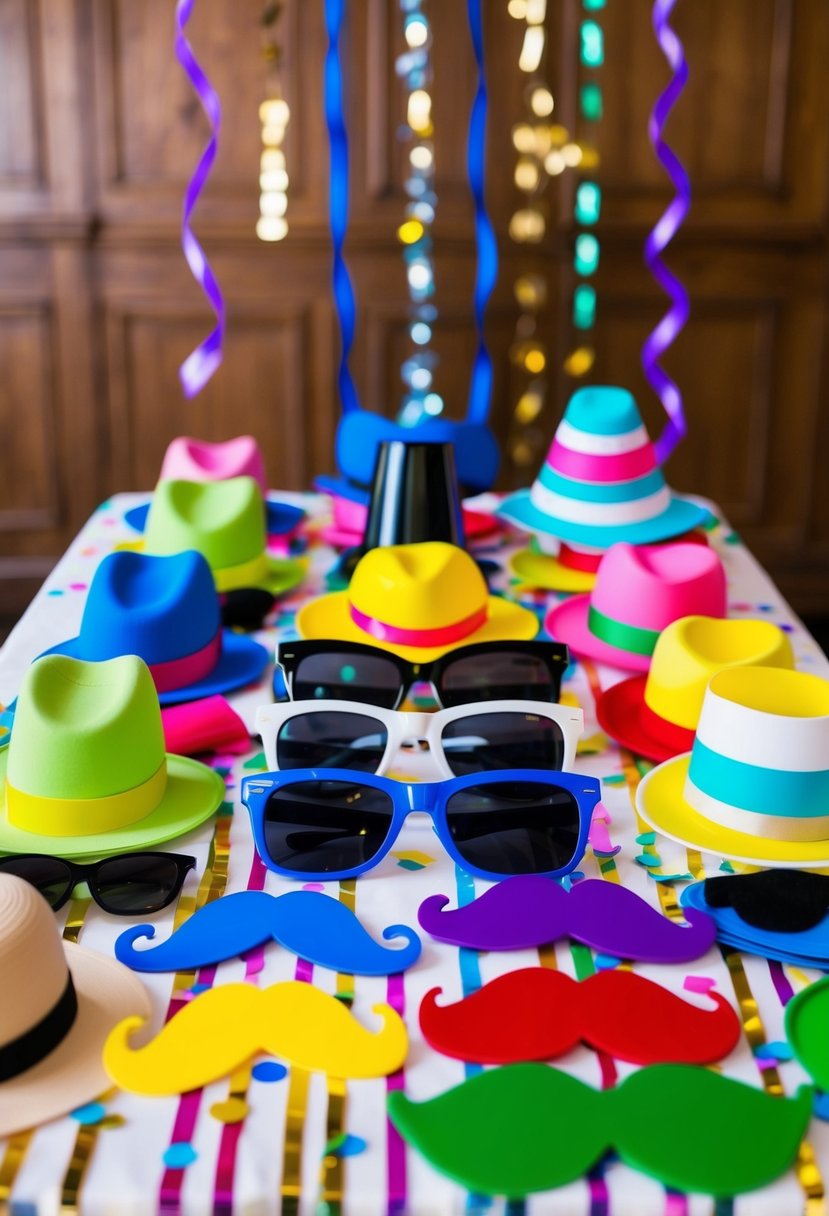 Colorful, oversized sunglasses, silly hats, and mustache props arranged on a table with confetti and streamers for a lighthearted wedding photo booth