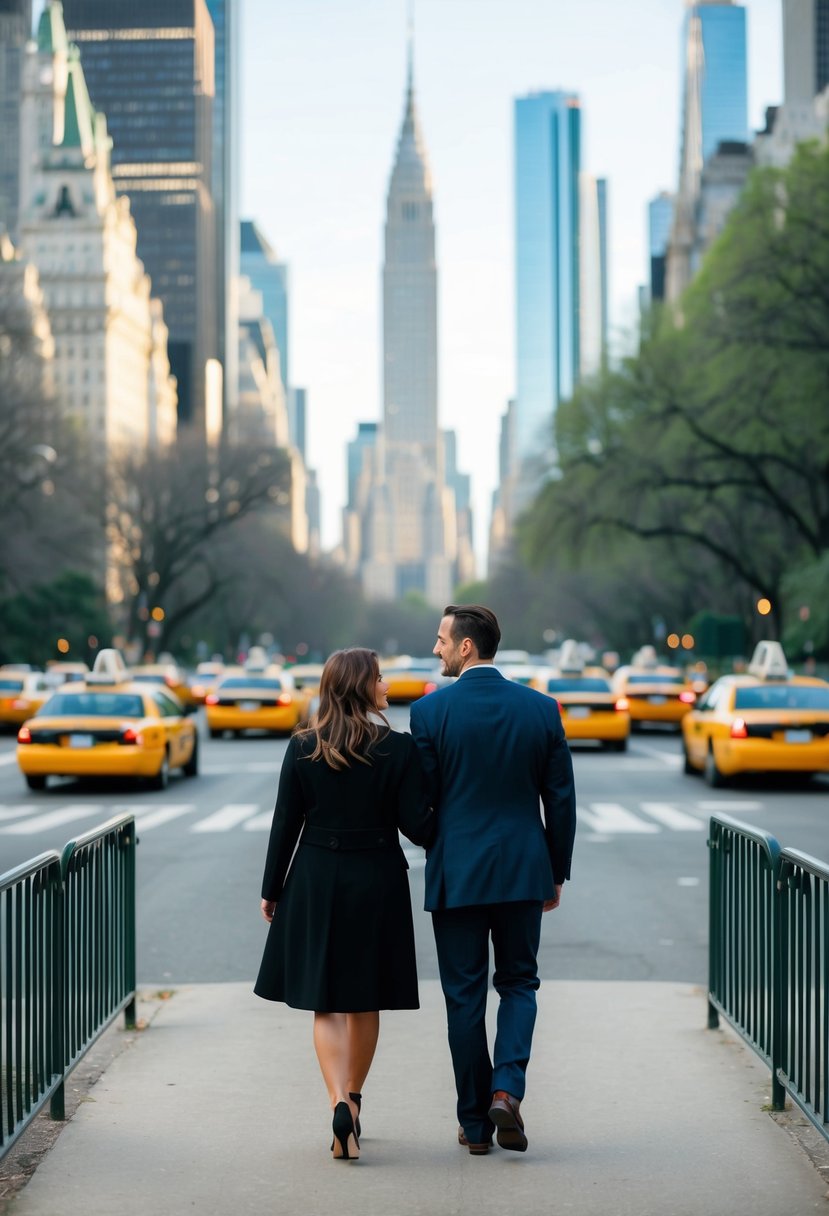 A couple strolling through Central Park with skyscrapers in the background, yellow taxis whizzing by, and the iconic skyline of New York City in the distance