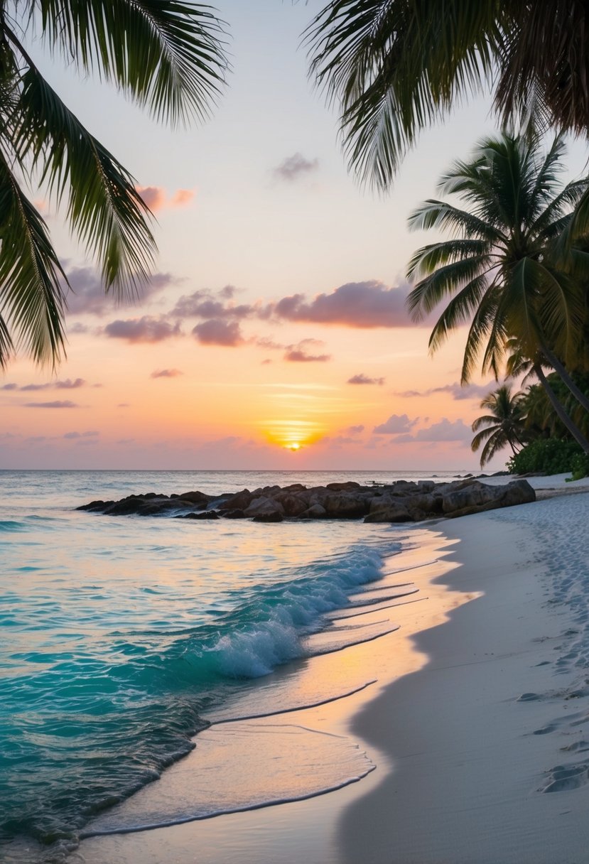 Crystal-clear waters gently lapping against white sand beach with overhanging palm trees and a vibrant sunset in the background