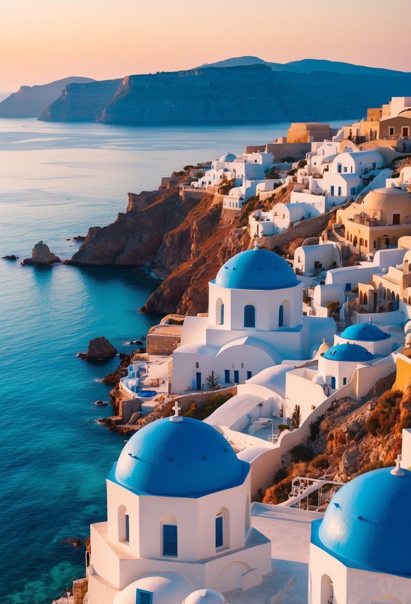 A picturesque sunset over the iconic blue-domed buildings, surrounded by the crystal-clear waters of the Aegean Sea, with a backdrop of rugged cliffs and white-washed buildings cascading down the hillside