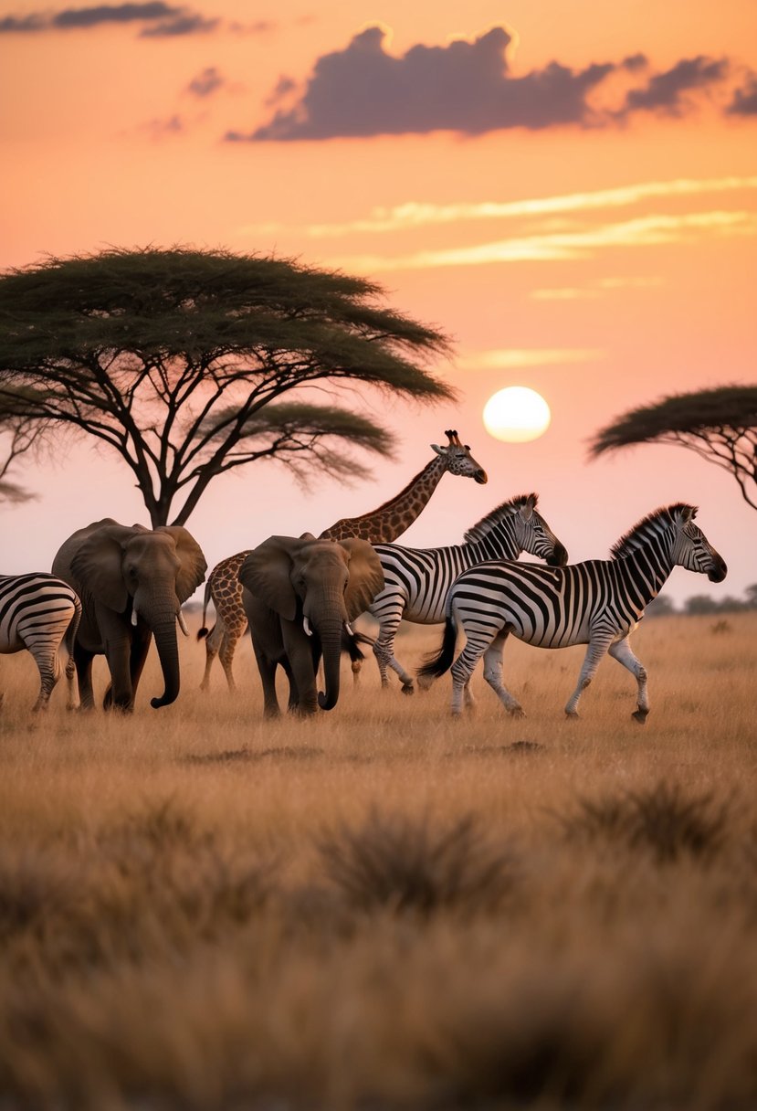 A group of wild animals, including elephants, giraffes, and zebras, roam freely across the savannah under the warm African sun