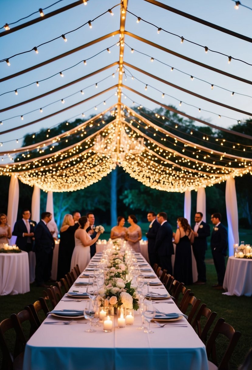 A canopy of twinkling fairy lights drapes over an outdoor wedding reception, casting a warm and romantic glow over the celebration