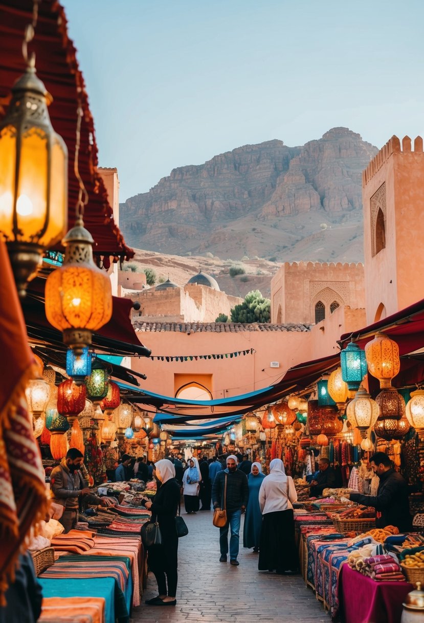 A bustling Marrakech market with colorful textiles, ornate lanterns, and spiced aromas, set against the backdrop of the Atlas Mountains