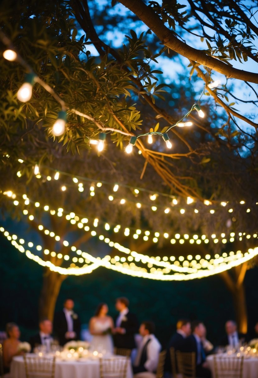 Fairy lights are strung from tree branches, casting a warm glow over a wedding reception. The soft light creates a whimsical and romantic atmosphere