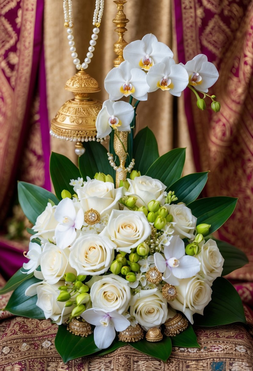 A lavish bouquet of white roses, jasmine, and orchids, adorned with gold accents and traditional pearls, set against a backdrop of ornate fabric and intricate henna designs