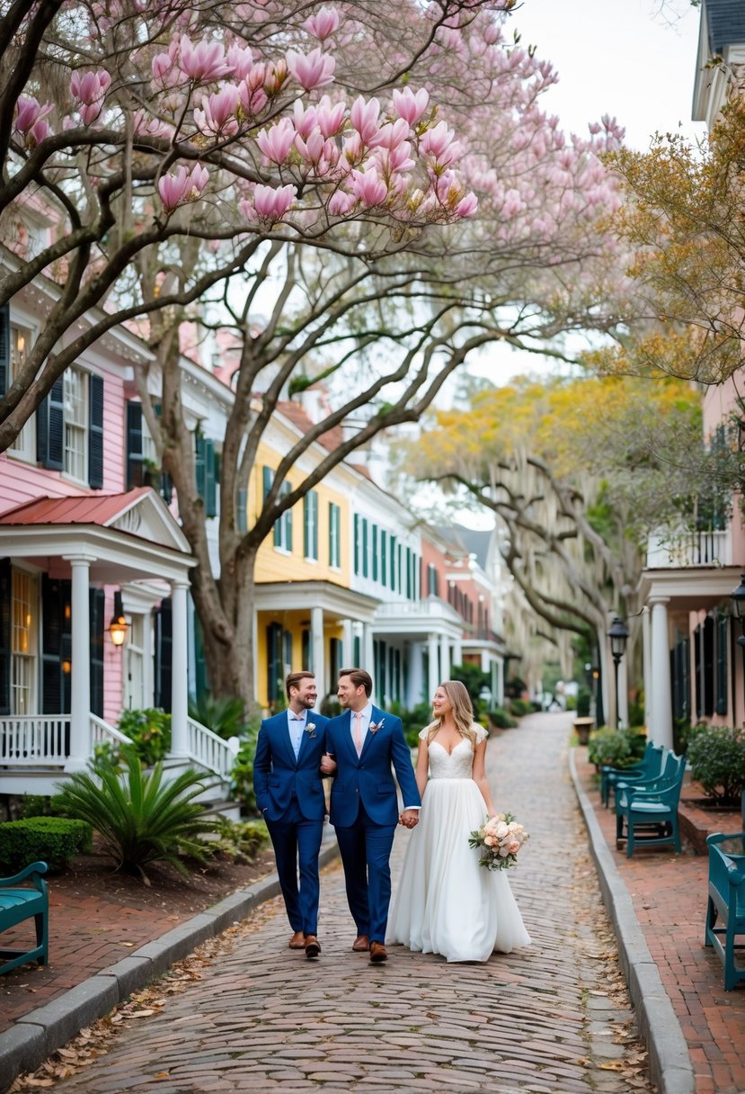 A cozy bed and breakfast nestled among blooming magnolia trees in historic Charleston, SC. A couple enjoys a romantic stroll along the cobblestone streets lined with colorful antebellum homes