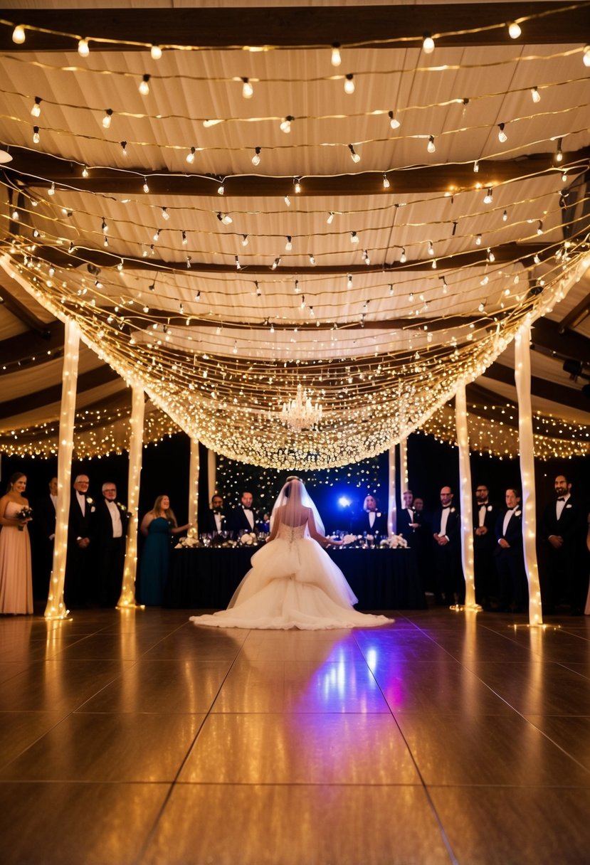 Fairy lights drape over the dance floor, creating a magical canopy of twinkling lights for a wedding reception