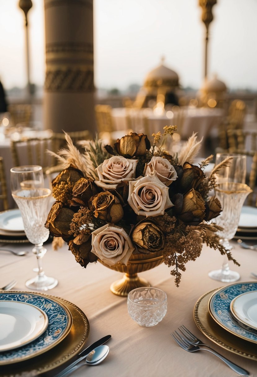 A table set with vintage Arabian touch, adorned with dried roses khaleeji wedding bouquet