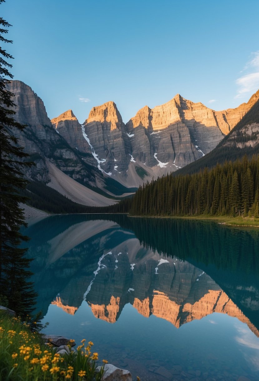 A serene mountain lake reflects the rugged peaks of the Canadian Rockies, surrounded by lush forests and vibrant wildflowers in Banff National Park