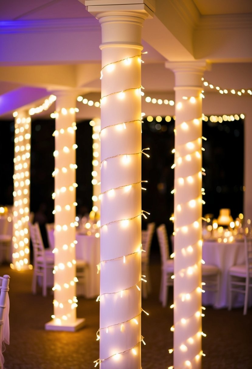 Fairy lights wrap around columns and poles, illuminating a wedding reception with a warm and magical glow