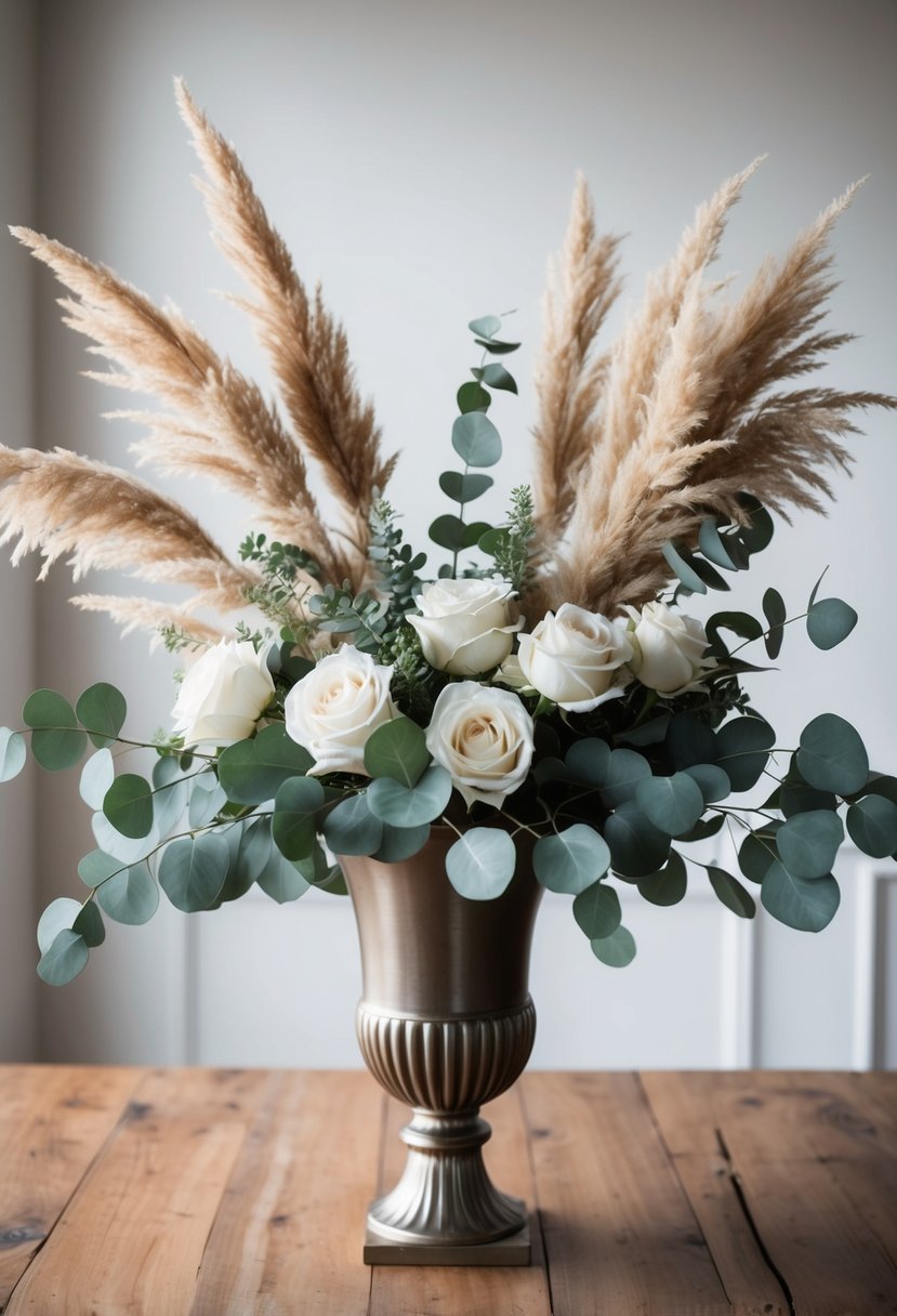 A bouquet of pampas grass, eucalyptus, and white roses arranged in a tall, elegant vase